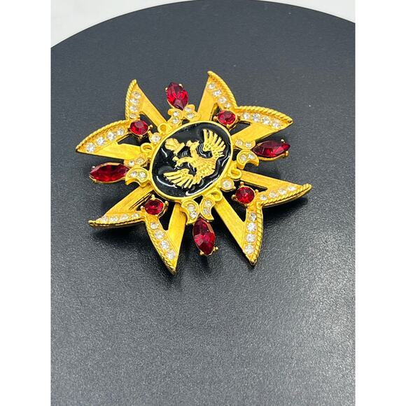 Russian Maltese Cross Red Rhinestone Black Enamel Pearl Crown Eagle Brooch - Picture 3 of 9